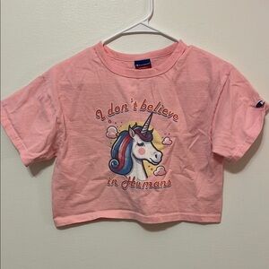 CHAMPION Pink Cropped “I don’t believe in humans” Unicorn 🦄 Tee Shirt